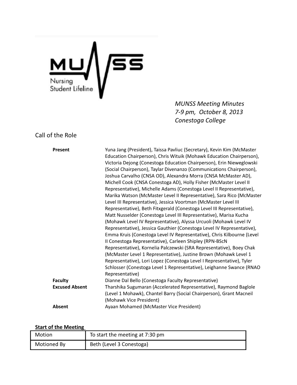 MUNSS Meeting Minutes