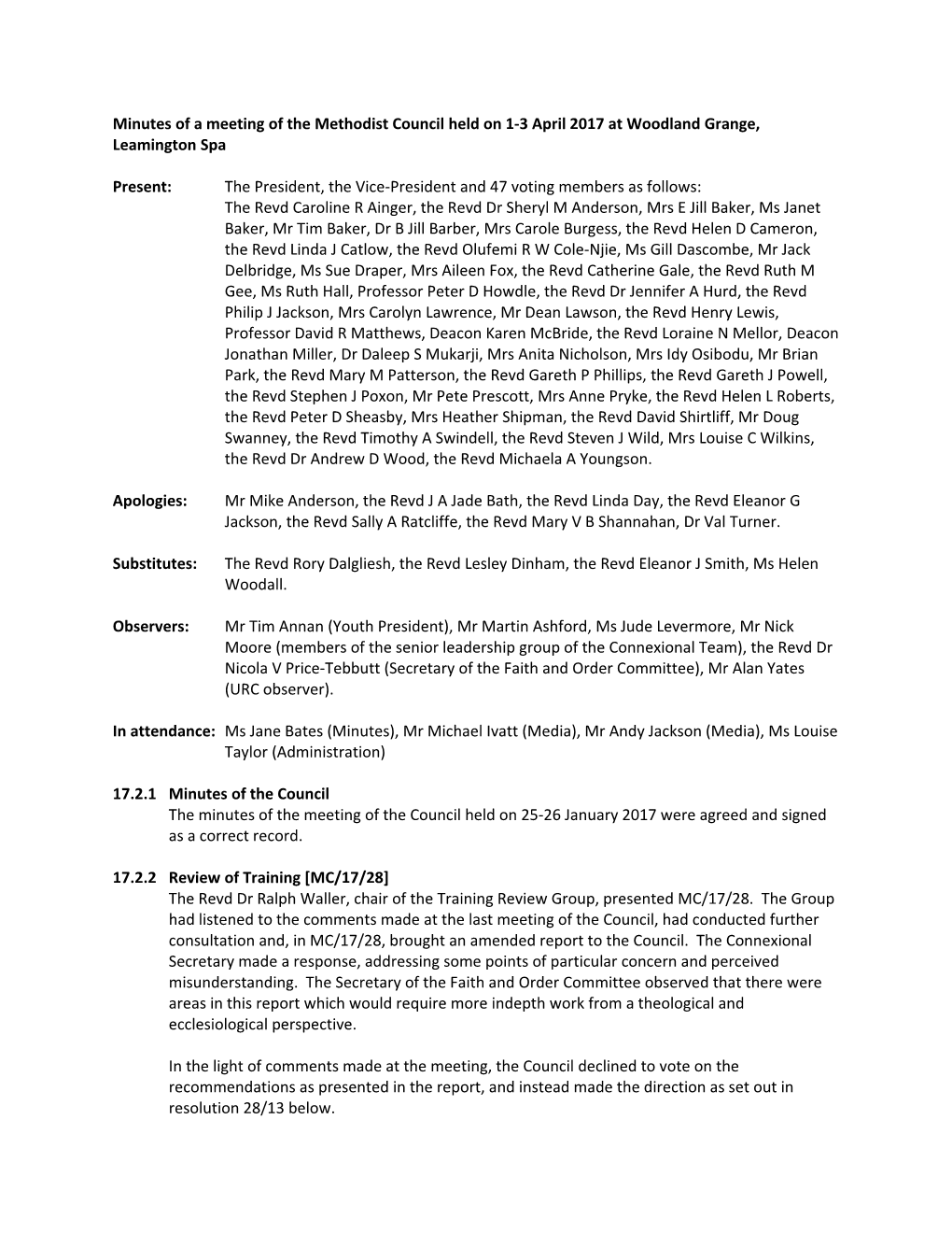 Minutes of a Meeting of the Methodist Council Held on 1-3 April 2017 at Woodland Grange