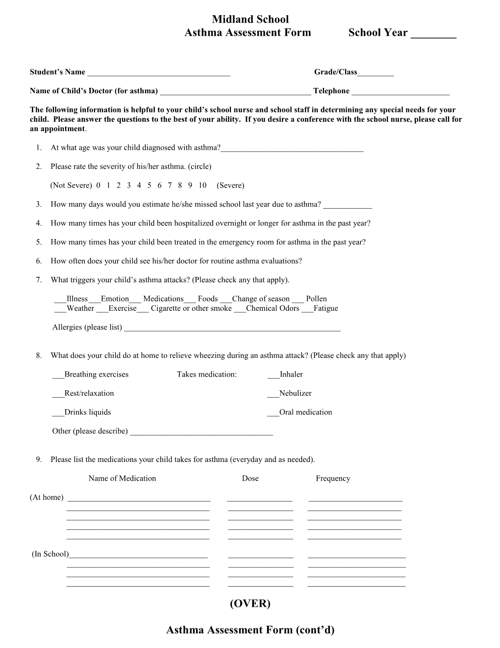 Questionaire for Parents of Child with Asthma