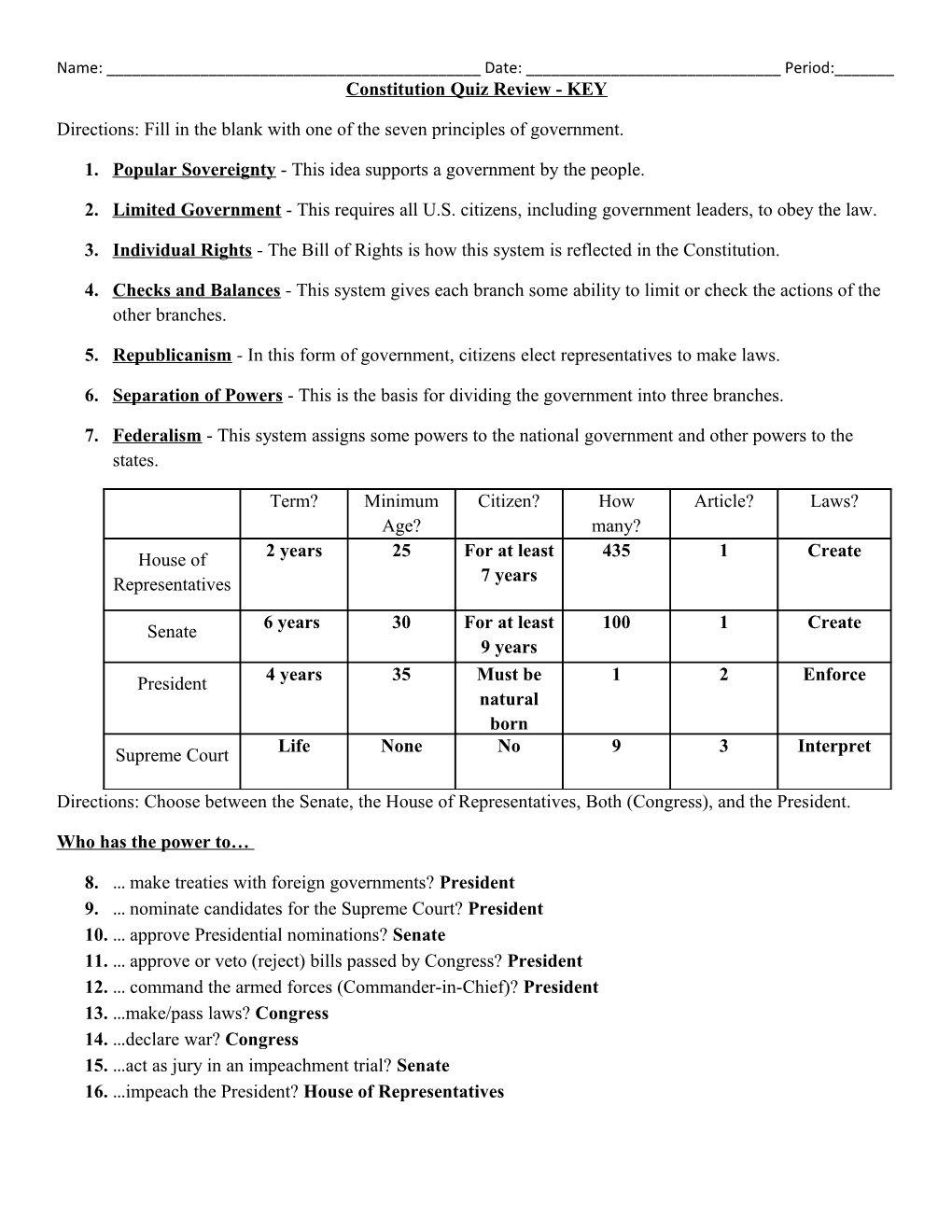 Constitution Quiz Review - KEY