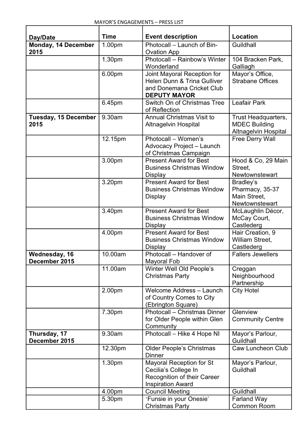 Mayor S Engagements Press List