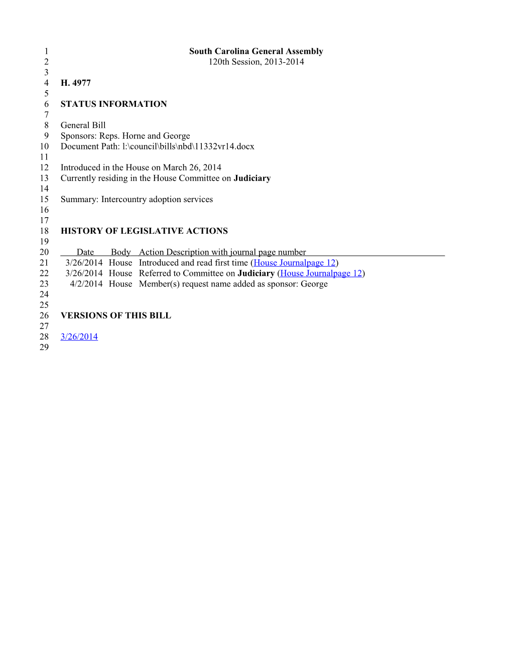 2013-2014 Bill 4977: Intercountry Adoption Services - South Carolina Legislature Online
