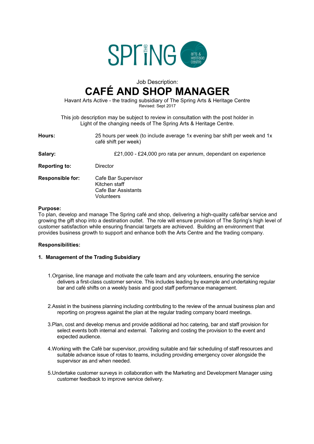 Draft Job Description for Hospitalities Manager