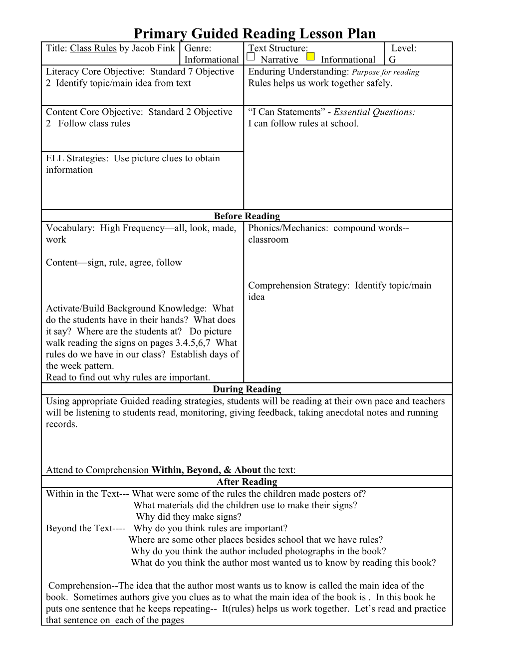 Primary Guided Reading Lesson Plan s10