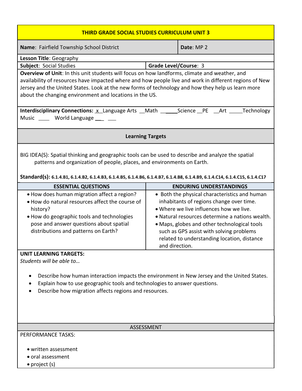 Third Grade Us Geography Unit 3