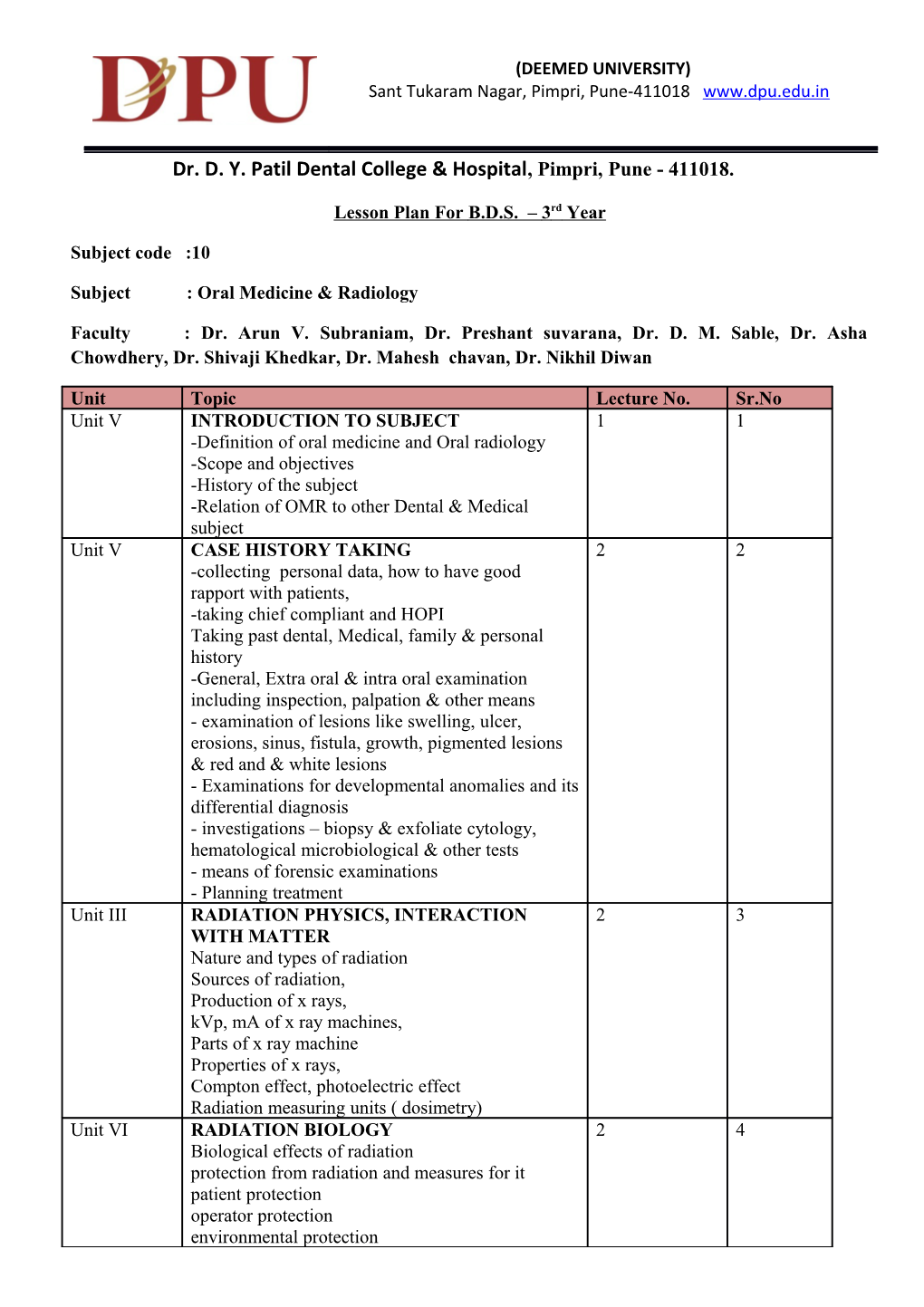 Lesson Plan for B.D.S. 3Rd Year