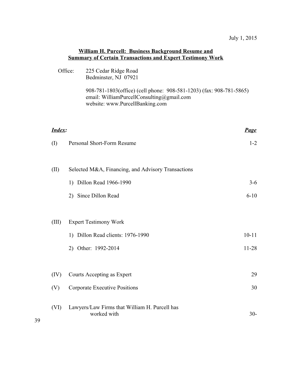 William H. Purcell: Business Background Resume And