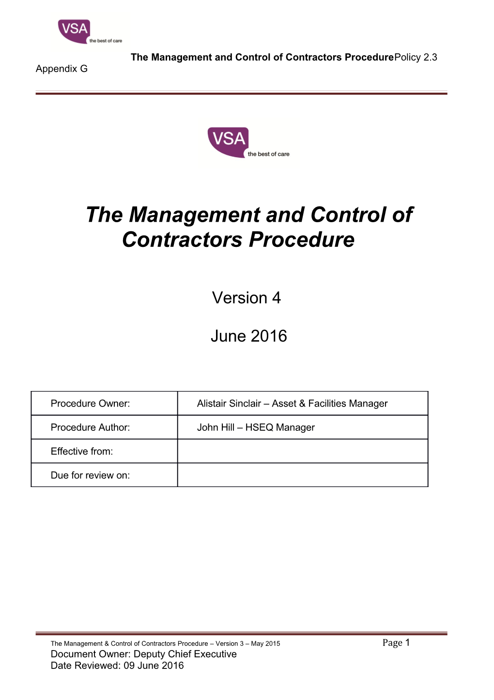 The Management and Control of Contractors Procedure
