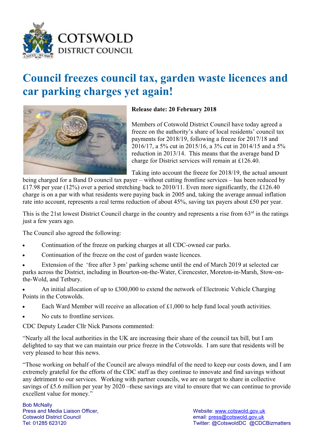 Council Freezes Council Tax, Garden Waste Licences and Car Parking Charges Yet Again!