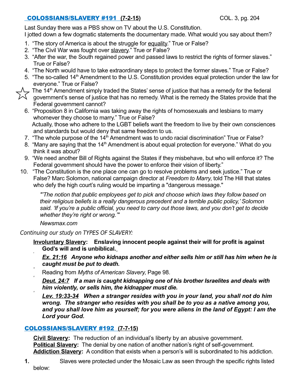 COLOSSIANS/SLAVERY #191 (7-2-15) COL. 3, Pg. 204