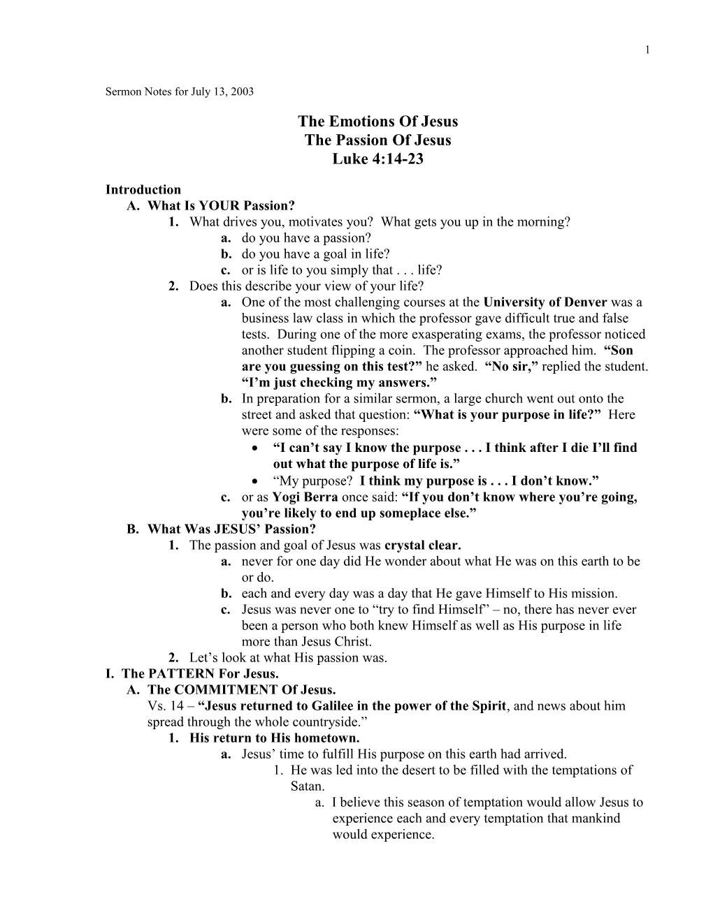 Sermon Notes for July 13, 2003