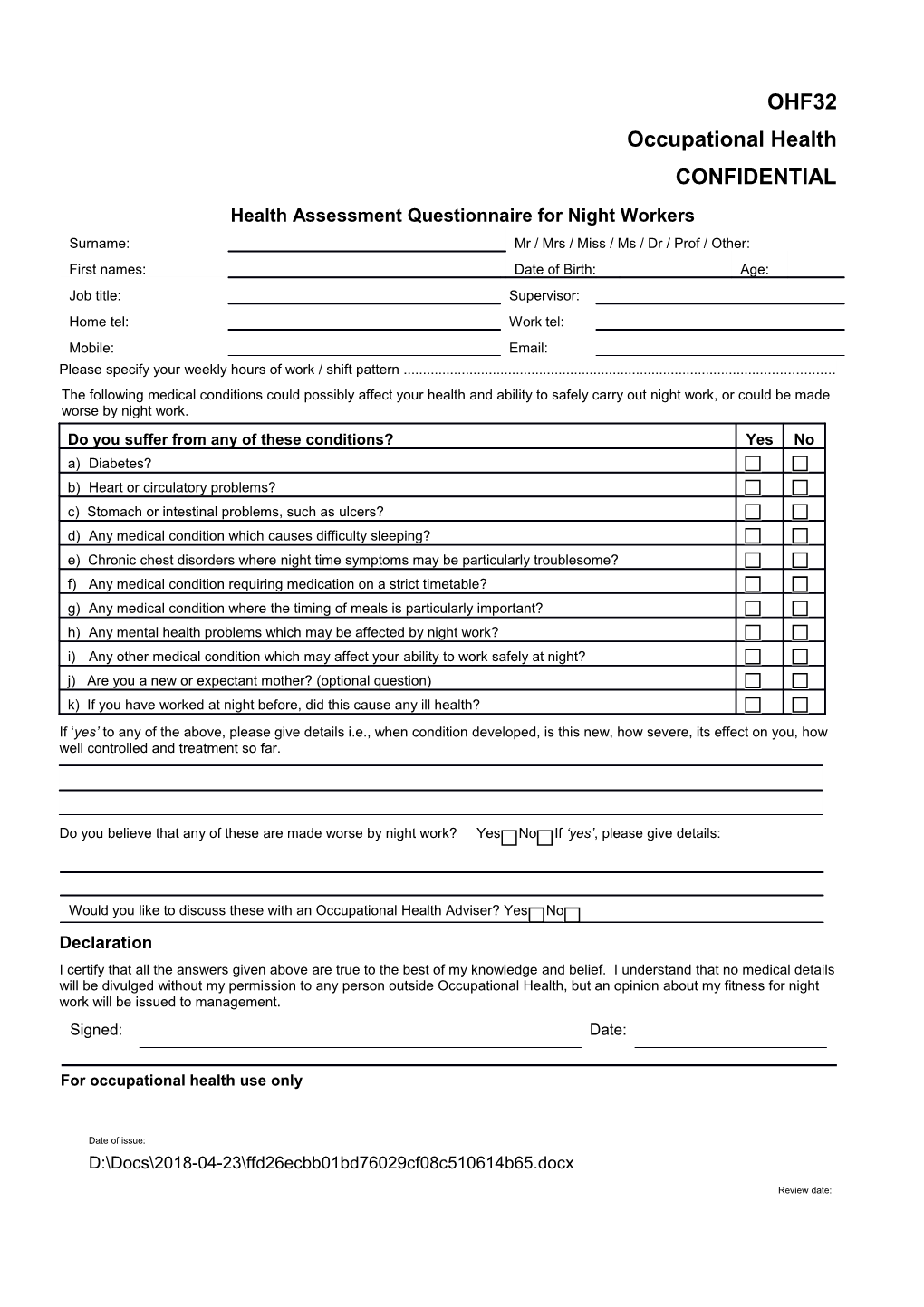 Health Assessment Questionnaire for Night Workers