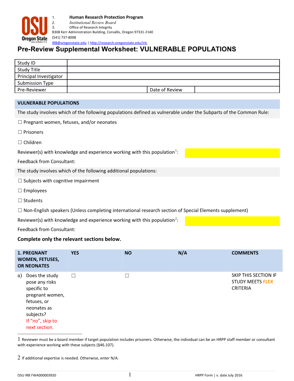 Pre-Review Supplemental Worksheet:VULNERABLE POPULATIONS