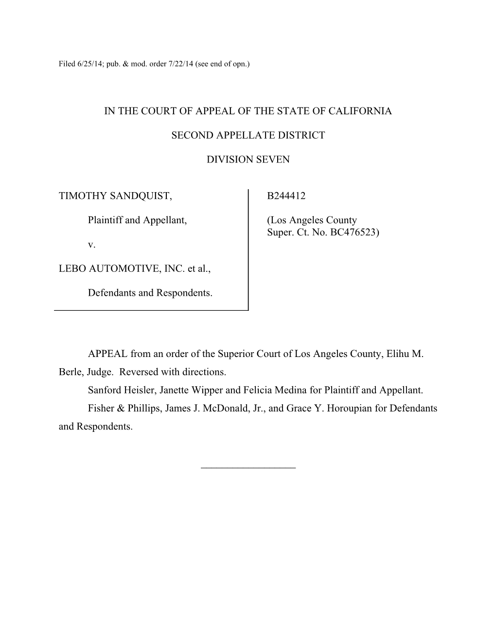 Sandquist V. Lebo Automotive Et Al. B244412 7/22/14