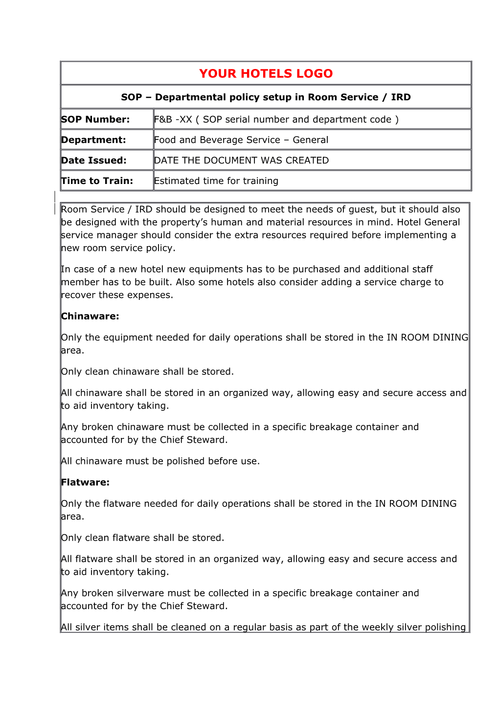 SOP Departmental Policy Setup in Room Service IRD