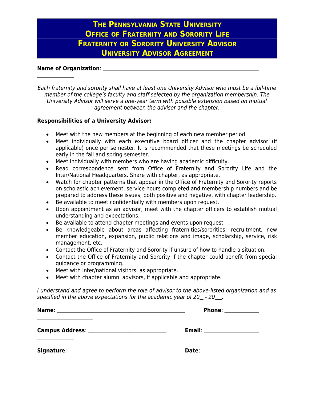 Fraternity/Sorority Advisor-Chapter Agreement