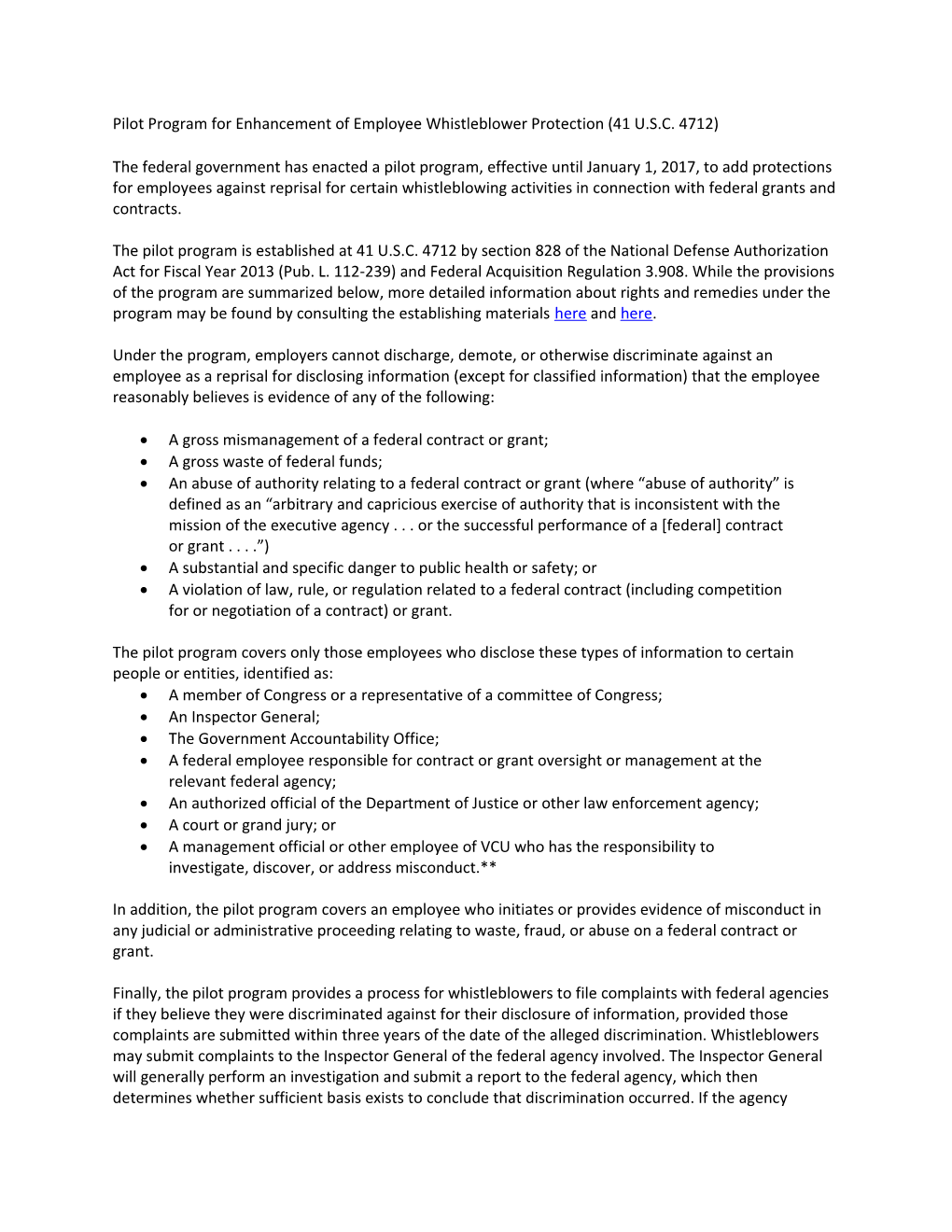 Pilot Program for Enhancement of Employee Whistleblower Protection (41 U.S.C. 4712)