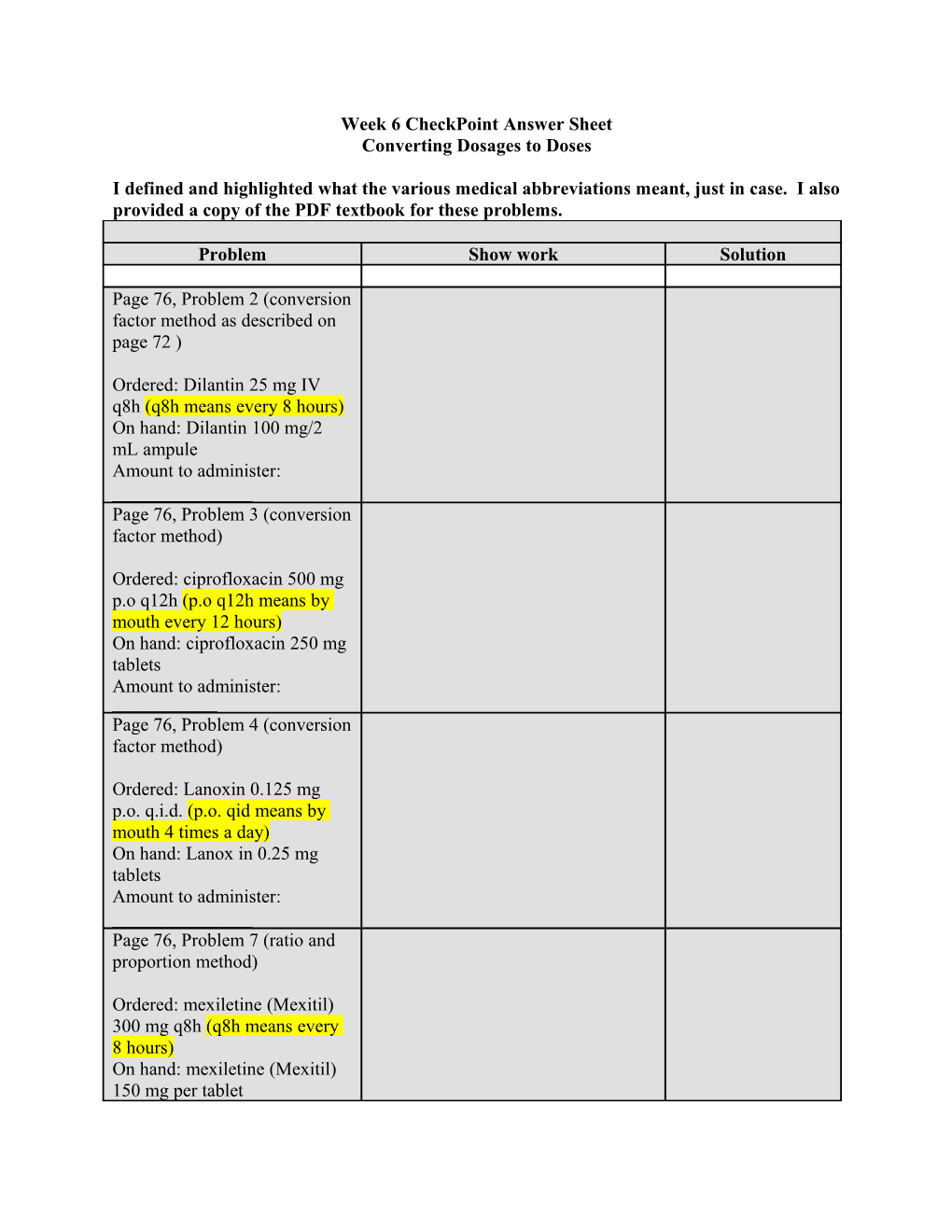 Week 6 Checkpoint Answer Sheet