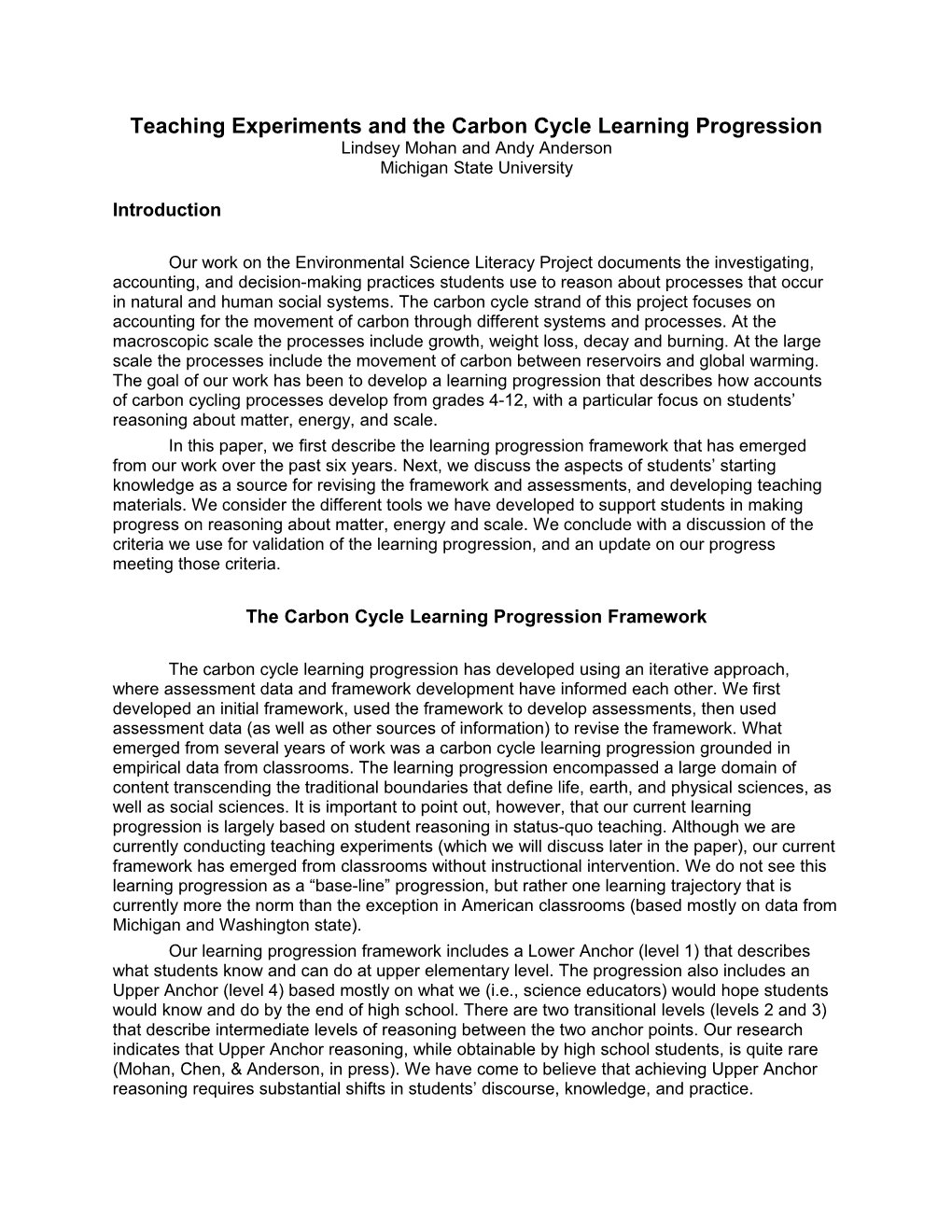 Teaching Experiments and the Carbon Cycle Learning Progression