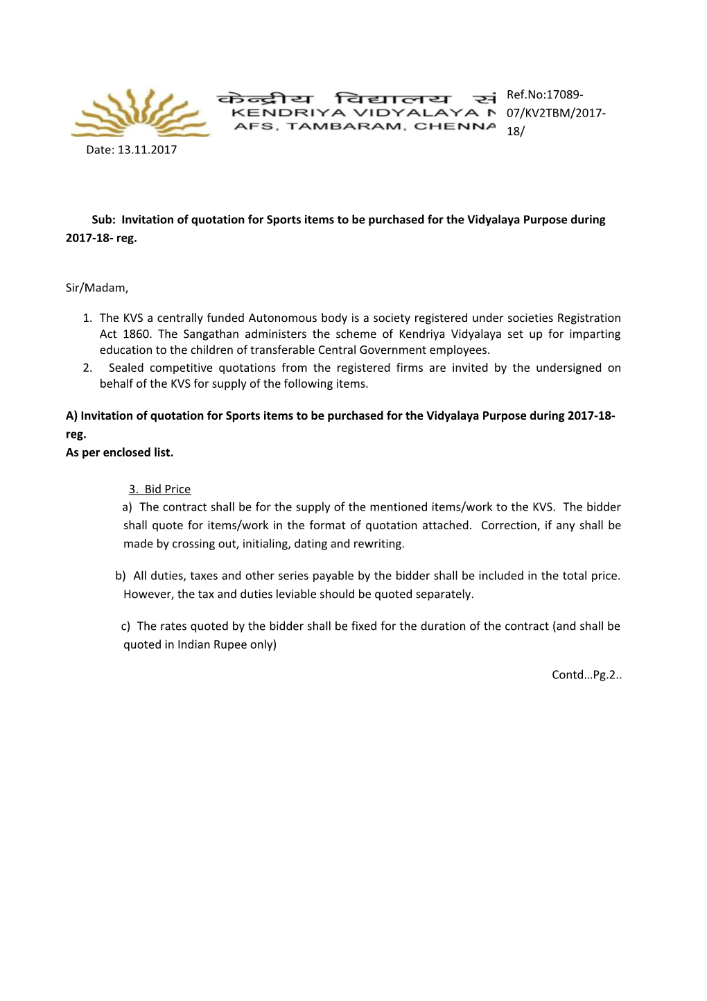 Sub: Invitation of Quotation for Sports Items to Be Purchased for the Vidyalaya Purpose