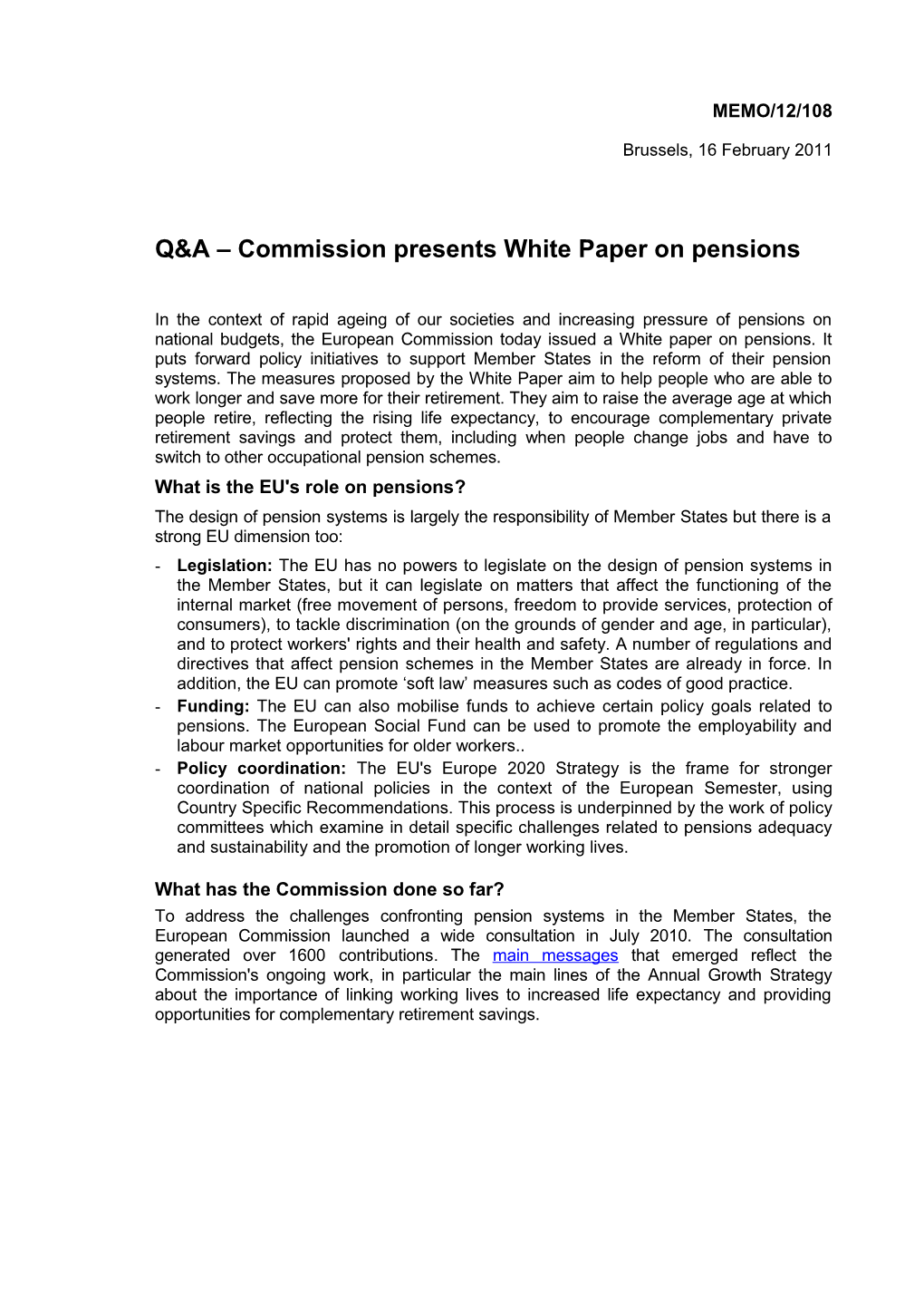 Q&A Commission Presents White Paper on Pensions