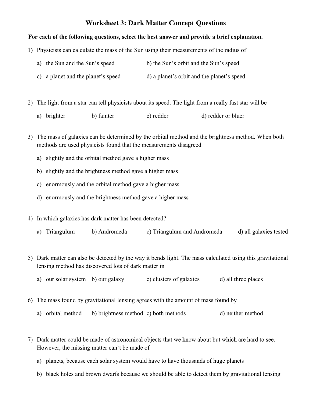 Worksheet 3: Dark Matter Concept Questions