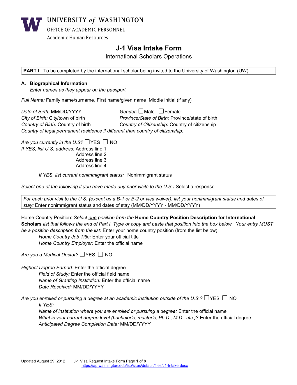 J-1 Visa Intake Form