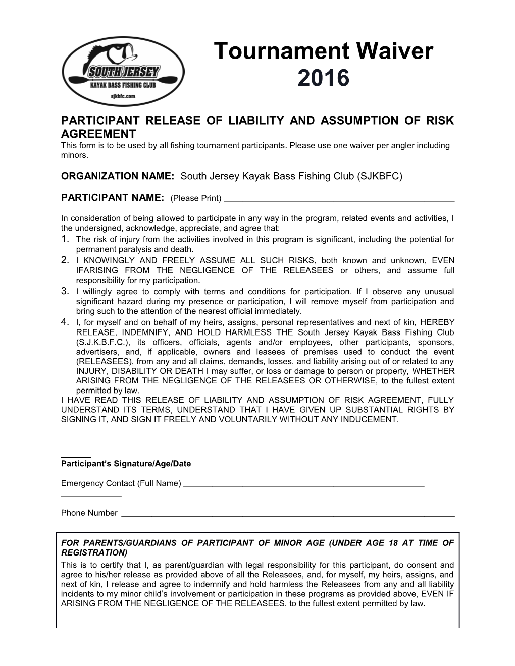 Participant Release of Liability and Assumption of Risk Agreement