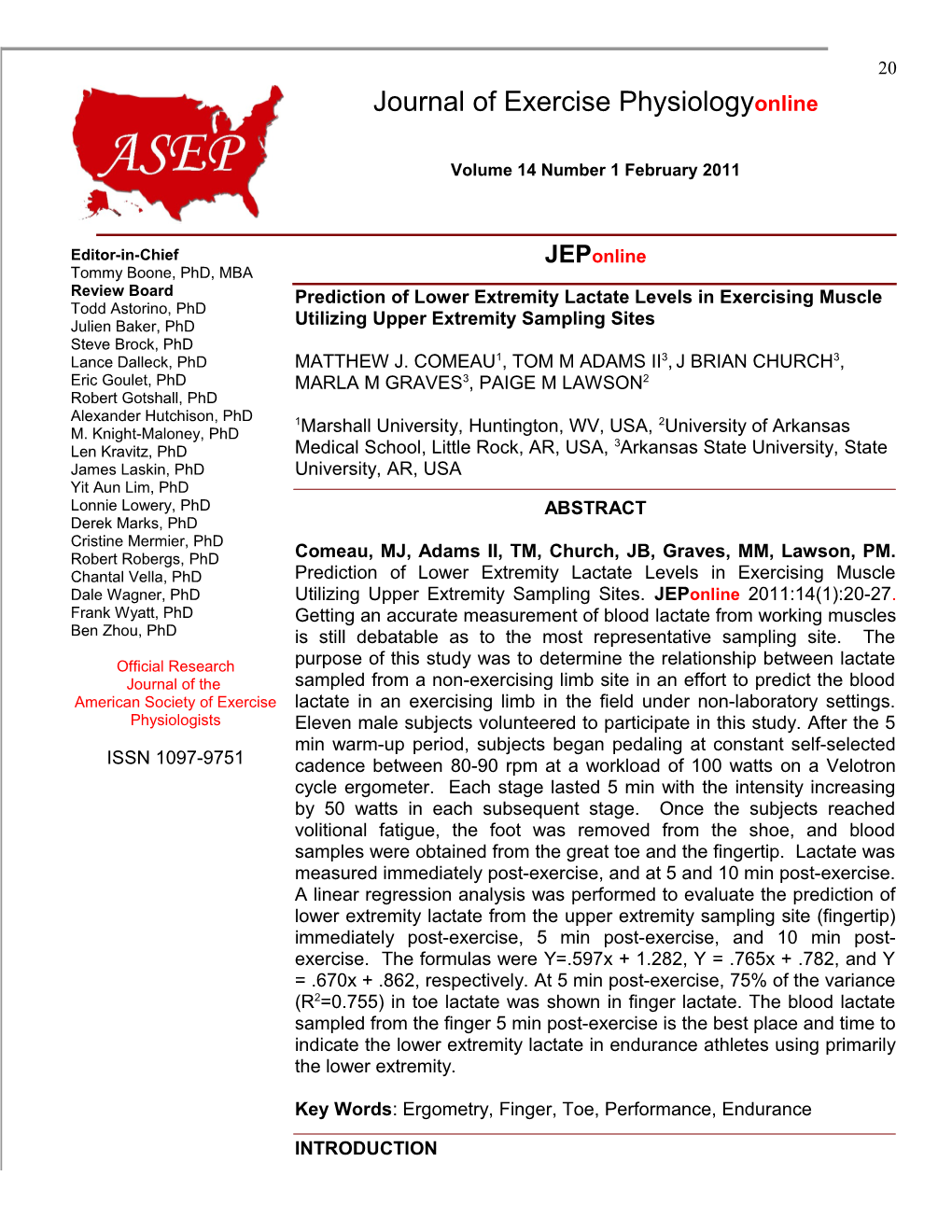 Prediction of Lower Extremity Lactate Levels in Exercising Muscle Utilizing Upper Extremity