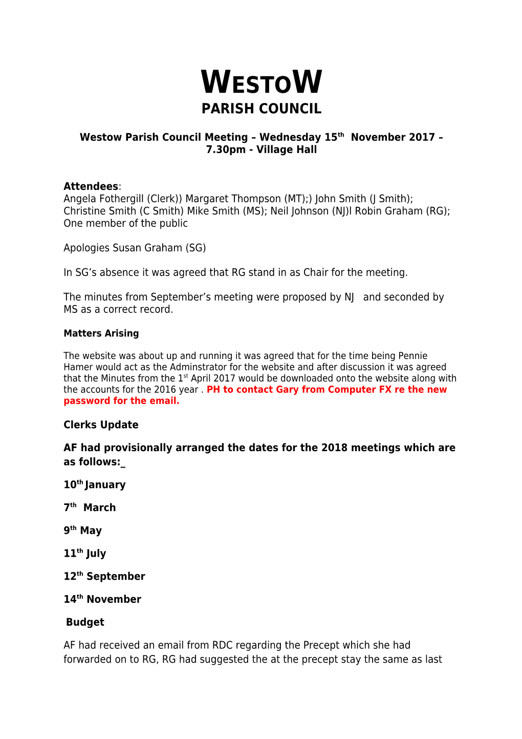 Westow Parish Council Meeting Wednesday 15Th November 2017 7.30Pm - Village Hall