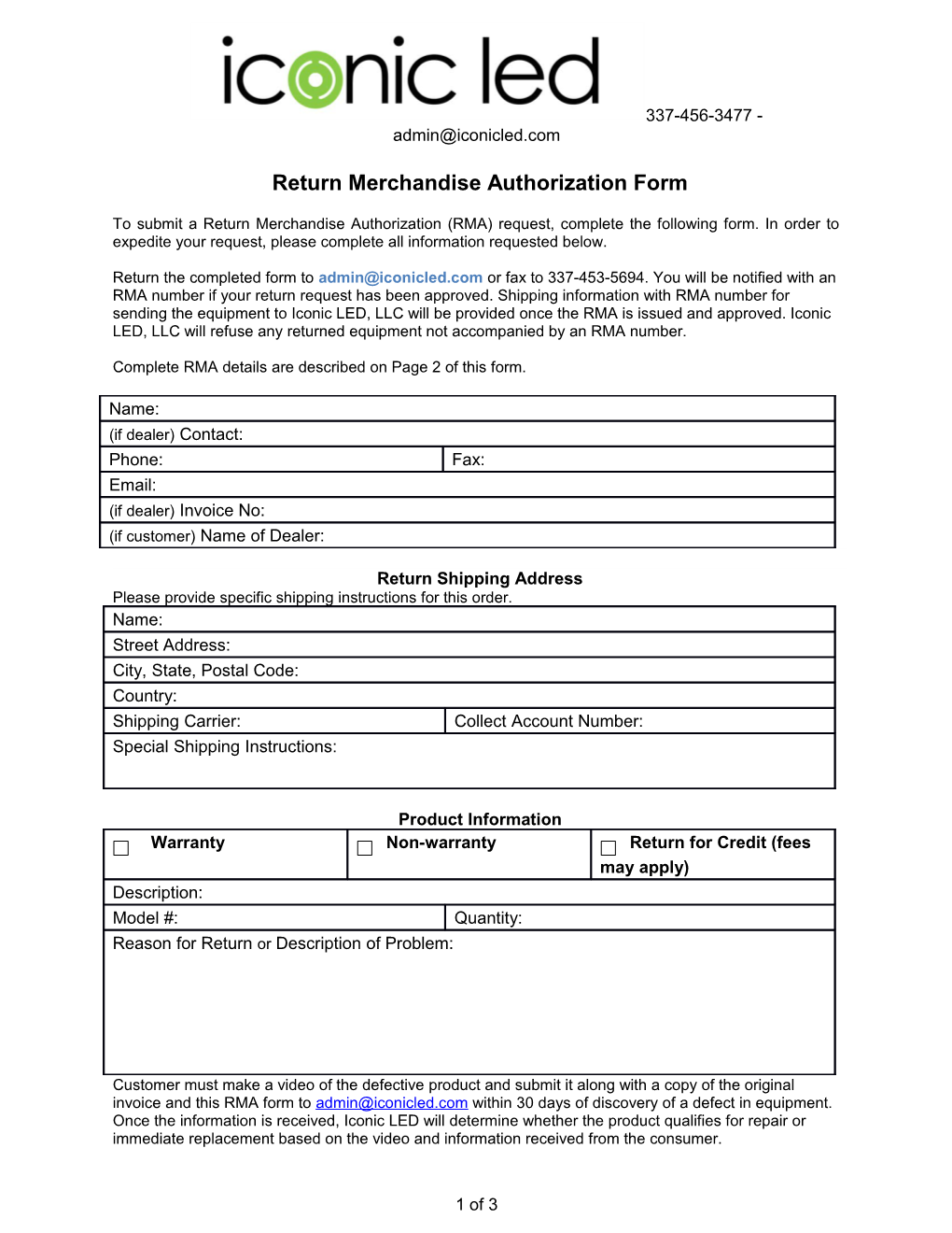 Return Merchandise Authorization Form