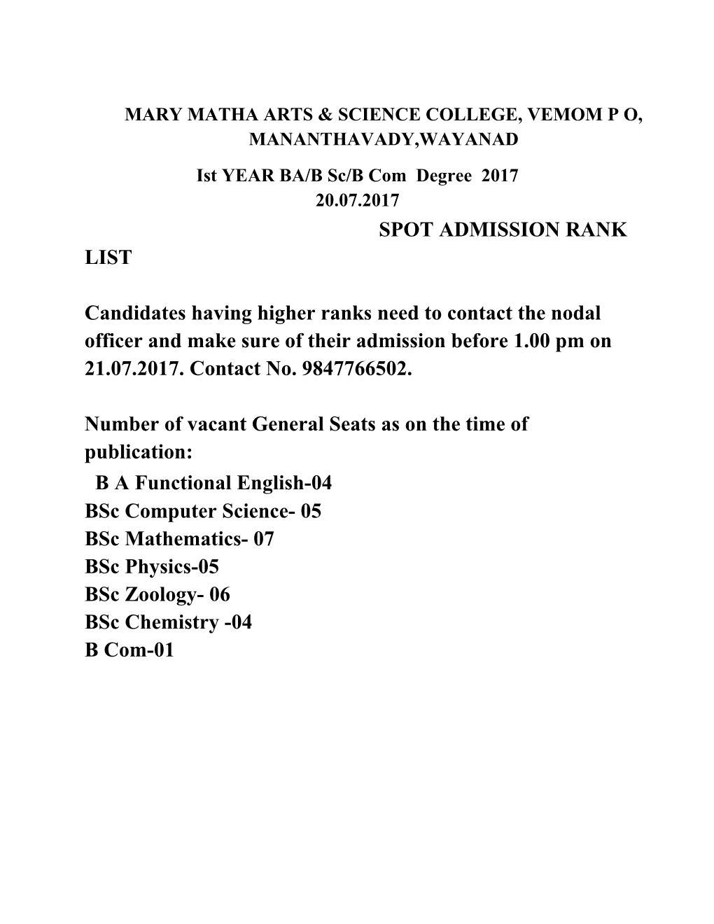 Ist YEAR BA/B Sc/B Com Degree 2017 20.07.2017