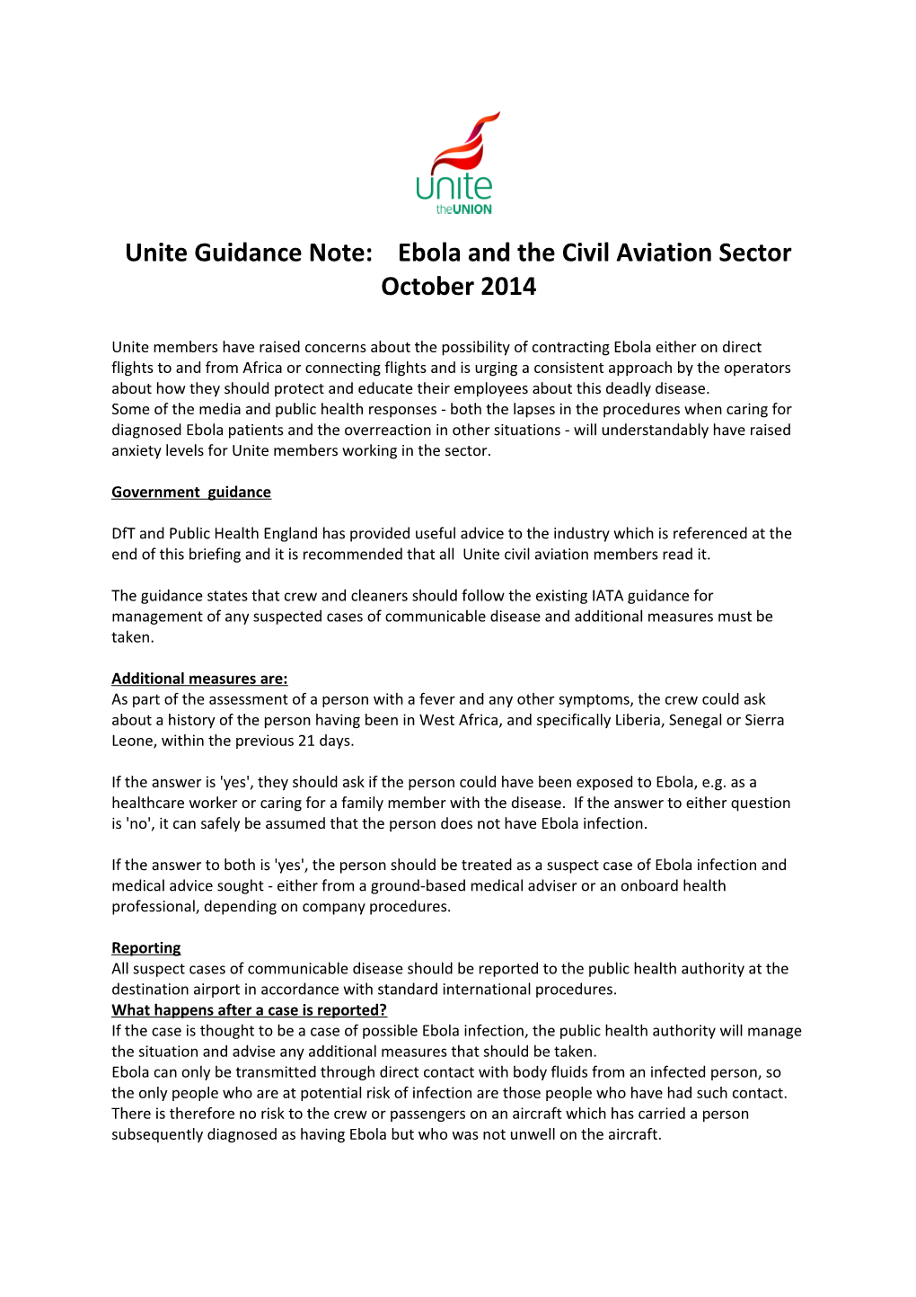 Unite Guidance Note: Ebola and the Civil Aviation Sector