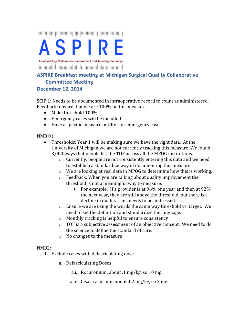 ASPIRE Breakfast Meeting at Michigan Surgical Quality Collaborative Committee Meeting