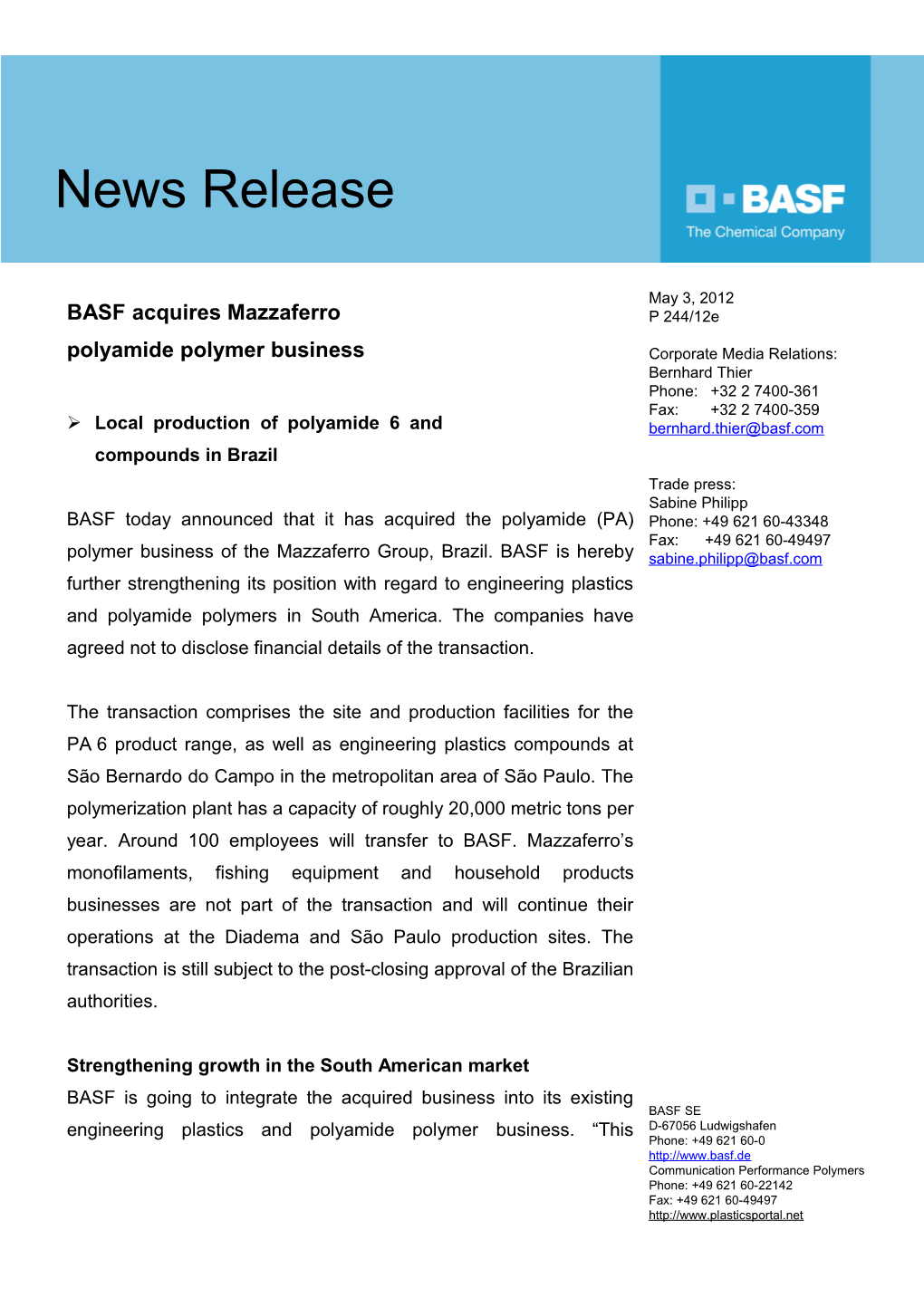 BASF Acquires Mazzaferro Polyamide Polymer Business