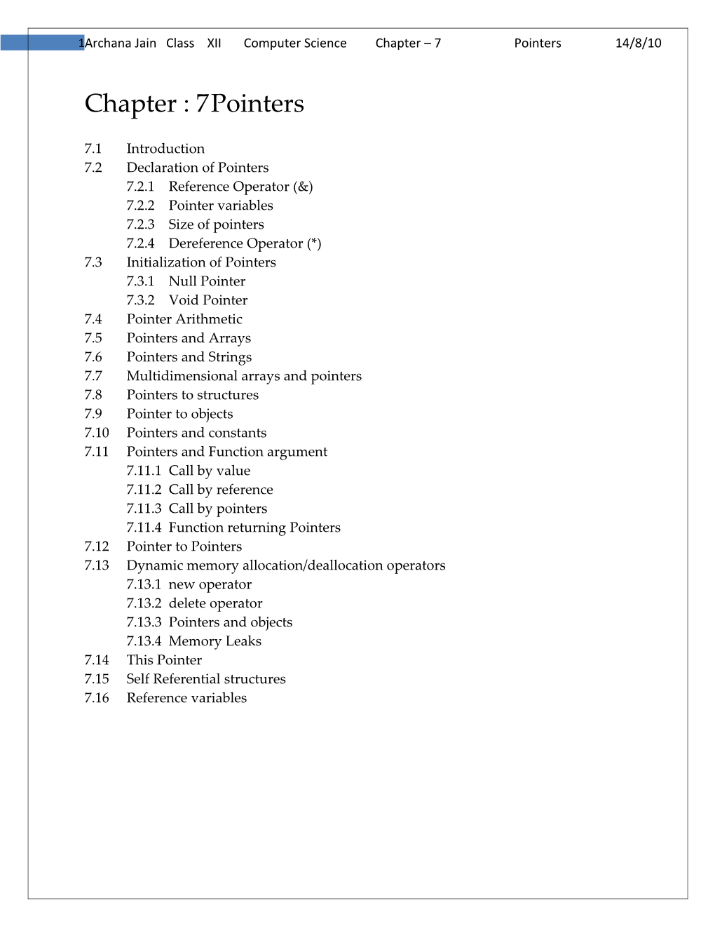 Archana Jain Class XII Computer Science Chapter 7 Pointers 14/8/10