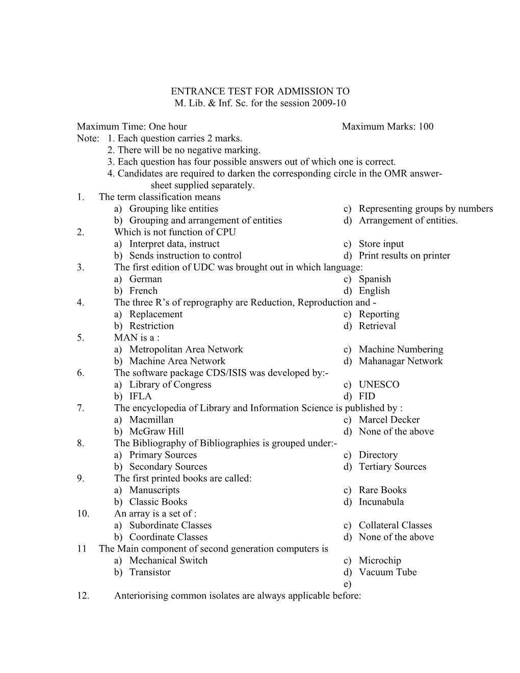 Entrance Test for Admission To s1