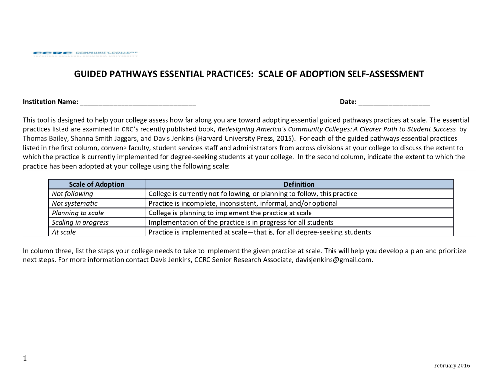 Guided Pathways Essential Practices: Scale of Adoption Self-Assessment