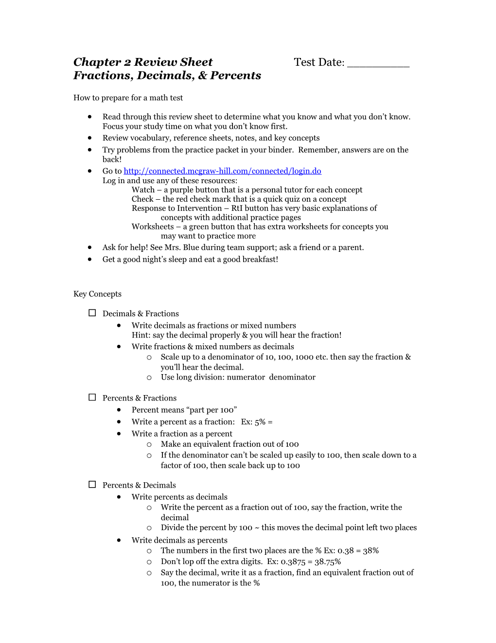 Chapter 2 Review Sheet Test Date: ______