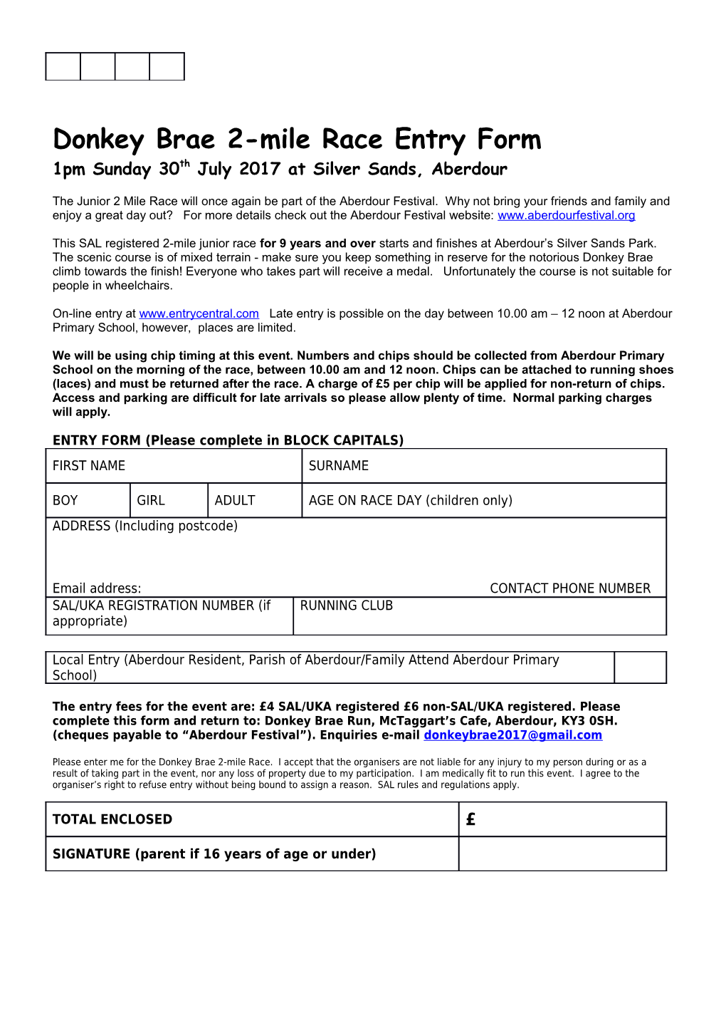 Donkey Brae 2-Mile Race Entry Form