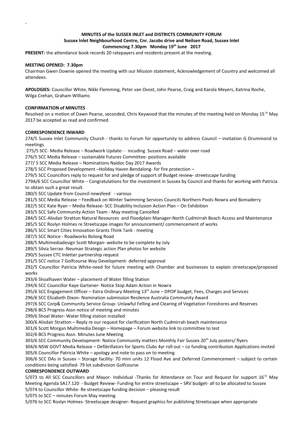 MINUTES of the SUSSEX INLET and DISTRICTS COMMUNITY FORUM