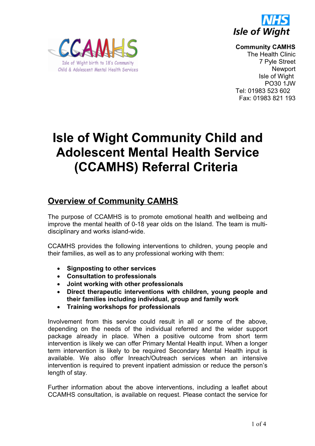 Isle of Wight Community CAMHS: Referral Information for Professionals