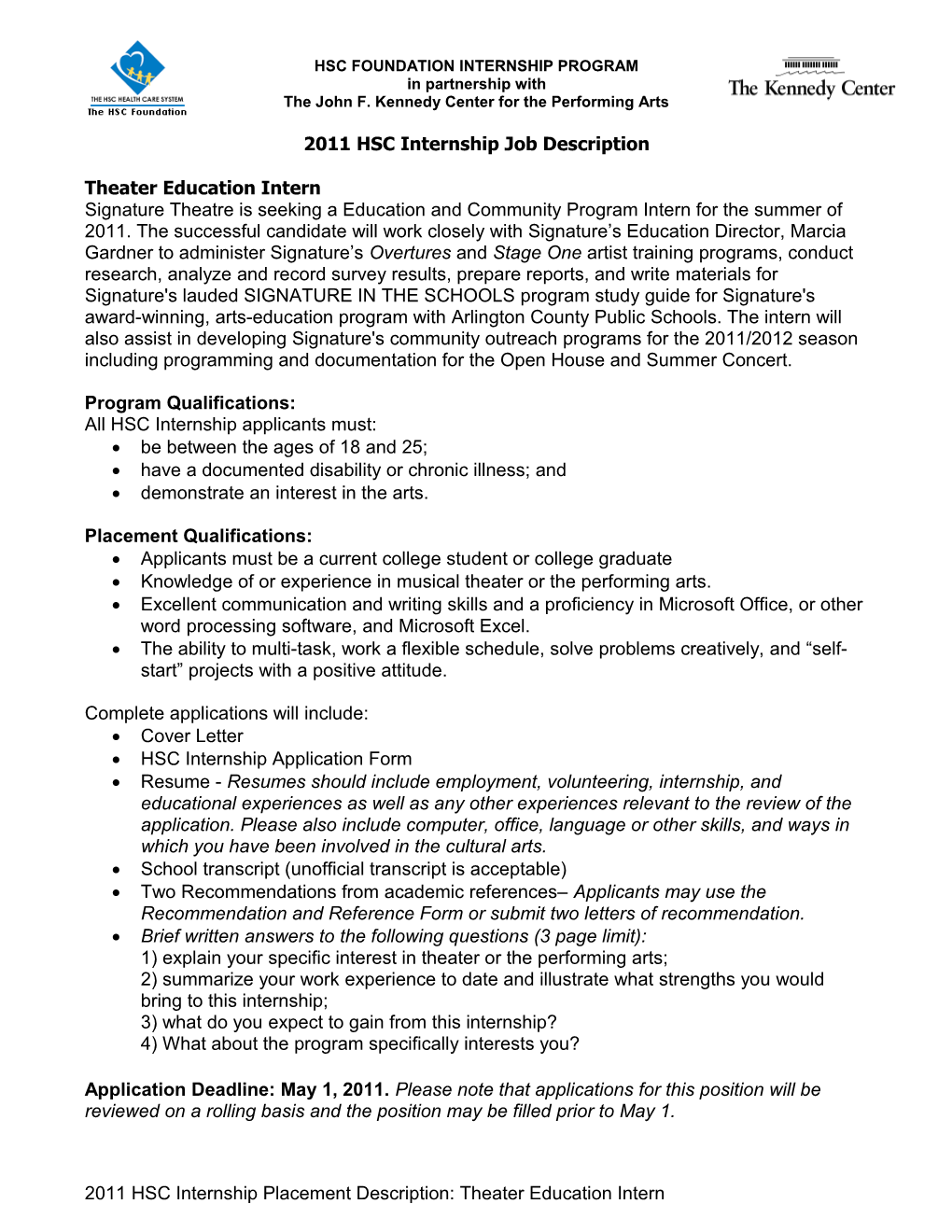 2010 HSC Internship Job Description