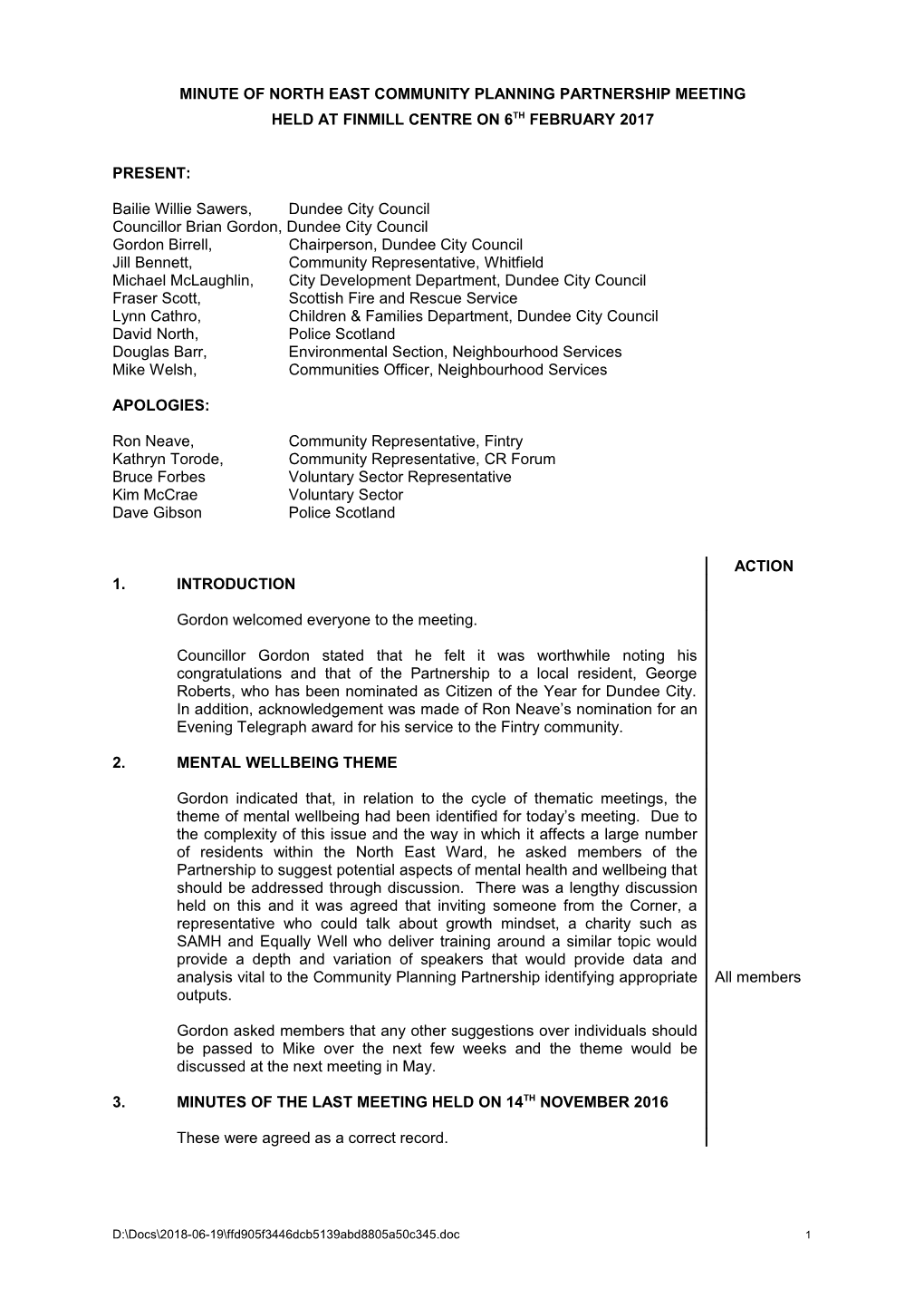 Minute of North East Community Planning Partnership Meeting