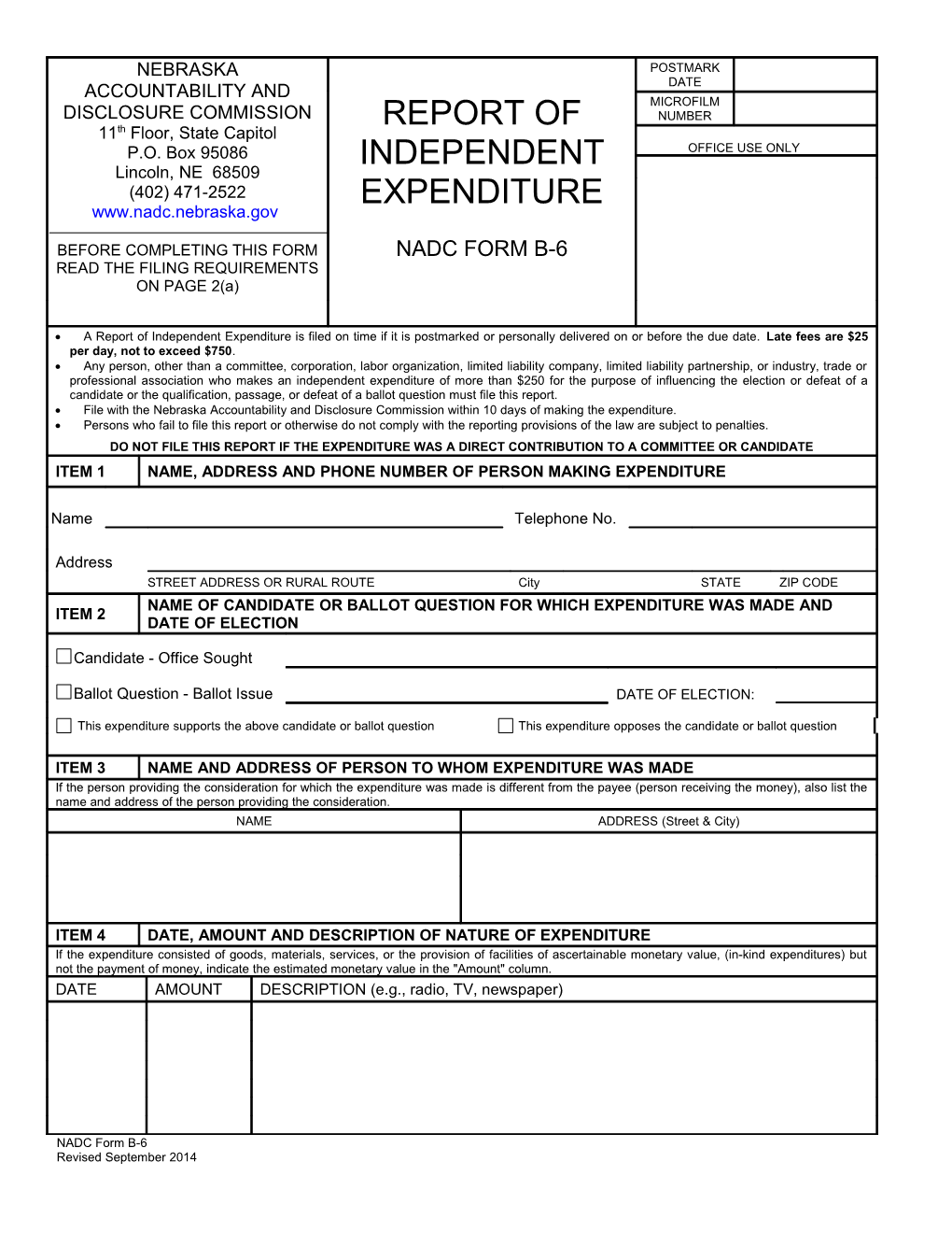 NADC Form B-6 Revised September 2014