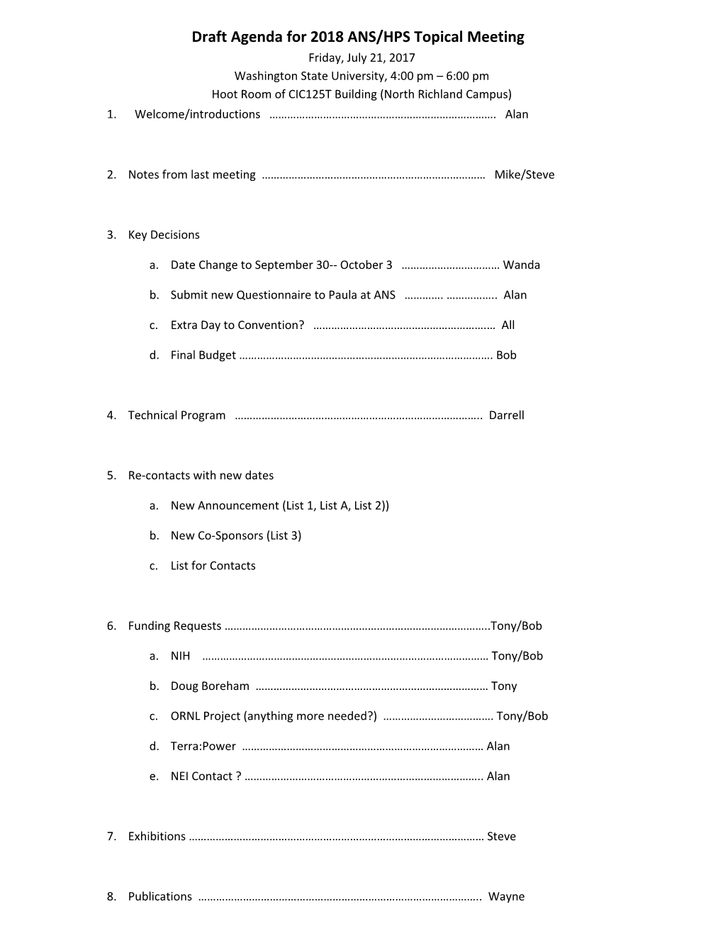 Draft Agenda for 2018 ANS/HPS Topical Meeting