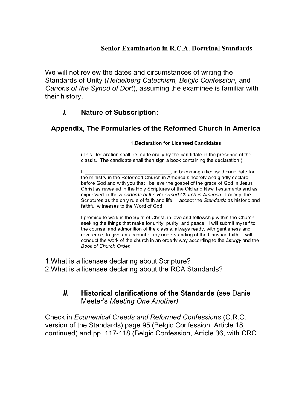 Senior Examination in R.C.A. Doctrinal Standards