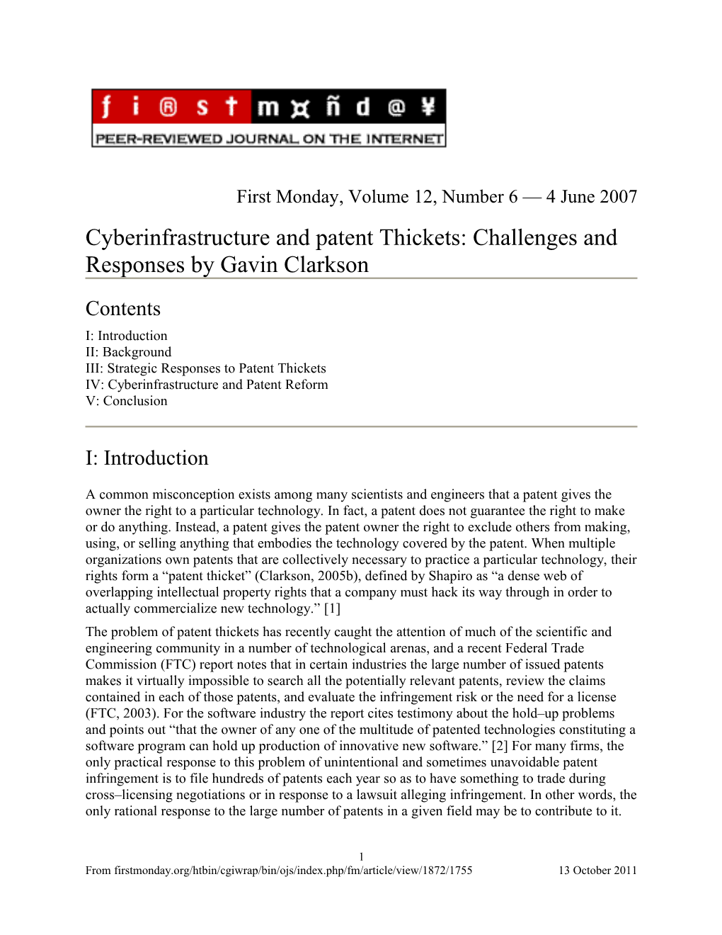 Cyberinfrastructure and Patent Thickets: Challenges and Responses by Gavin Clarkson