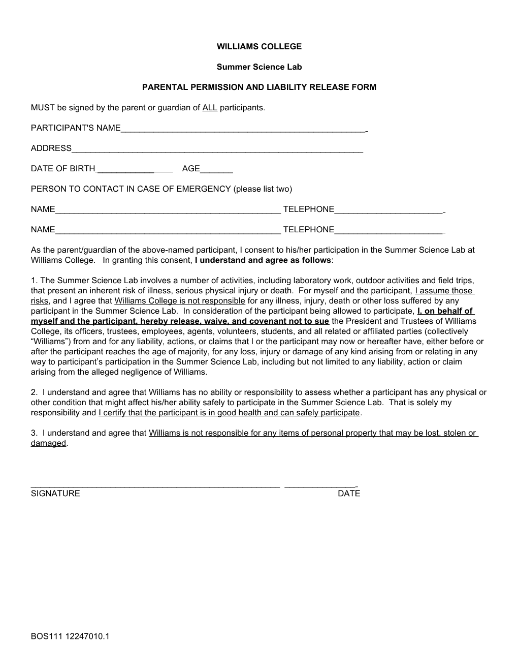 Parental Permission and Liability Release Form