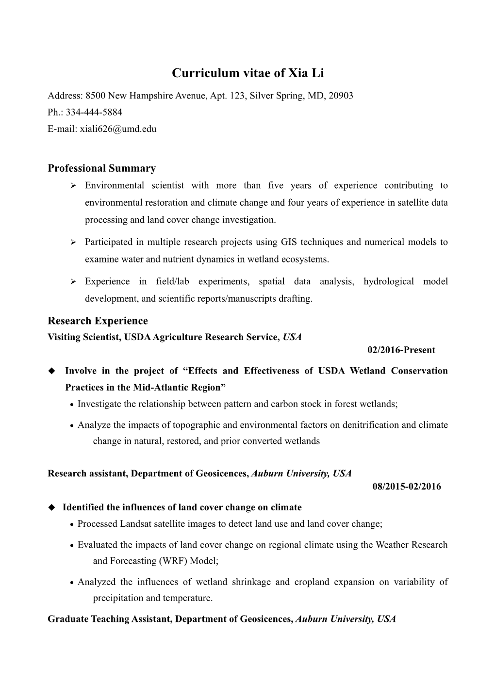 Curriculum Vitae of Xia Li